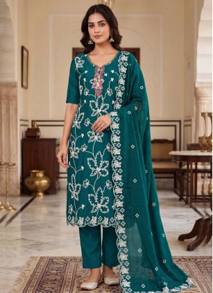 
                      Embroidered Cotton Silk Green Pant Style Suit