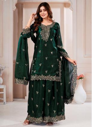 
                      Embroidered Fandy Green Palazzo Salwar Suit