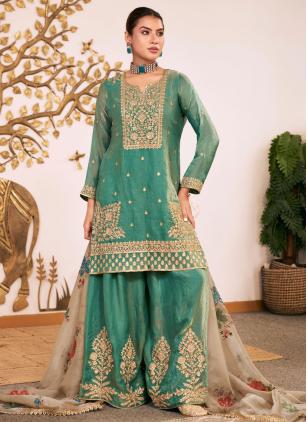
                      Embroidered Fandy Sea Green Readymade Salwar Kameez