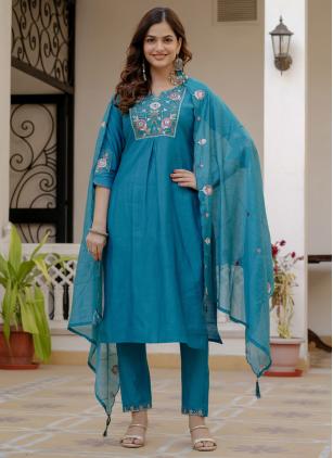
                      Embroidered Festival Aqua Blue Silk Pant Style Suit