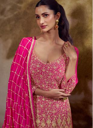 
                      Embroidered Georgette Pink Palazzo Salwar Suit