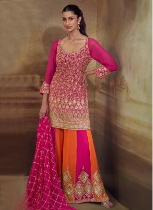 
                      Embroidered Georgette Pink Palazzo Salwar Suit