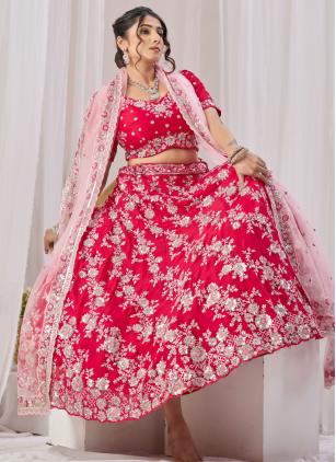 
                      Embroidered Georgette Rani Designer Lehenga Choli For Bride