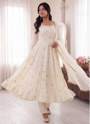 Embroidered Off White Crepe Silk Readymade Salwar 