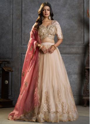 
                      Embroidered Organza Cream Designer Lehenga Choli