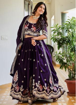 
                      Embroidered Purple Vichitra Silk Readymade Lehenga Choli