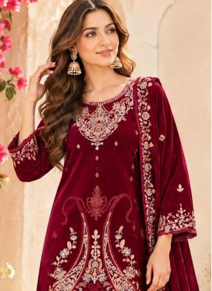 
                      Red Embroidered Velvet Salwar Kameez