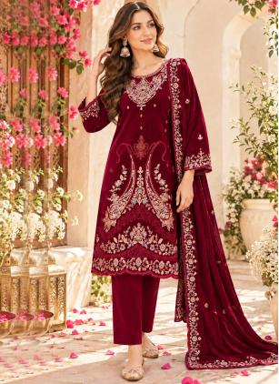 
                      Red Embroidered Velvet Salwar Kameez