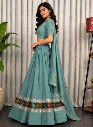 
                      Embroidered Vichitra Silk Aqua Blue Readymade Lehenga Choli