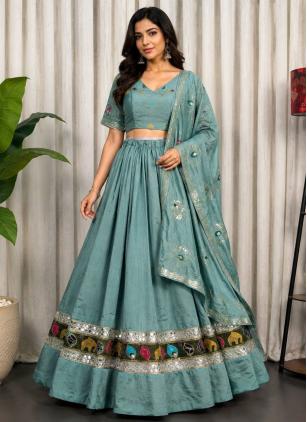 
                      Embroidered Vichitra Silk Aqua Blue Readymade Lehenga Choli