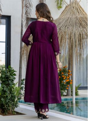 
                      Embroidered Vichitra Silk Purple Salwar Suit