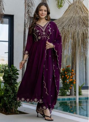 
                      Embroidered Vichitra Silk Purple Salwar Suit