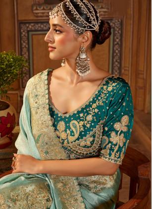 
                      Turquoise Embroidered Viscose Contemporary Saree