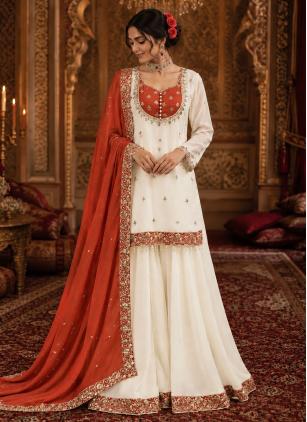 
                      Eid Special Embroidered White Palazzo Salwar Kameez
