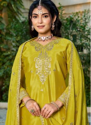 
                      Embroidered Yellow Chinon Palazzo Salwar Kameez