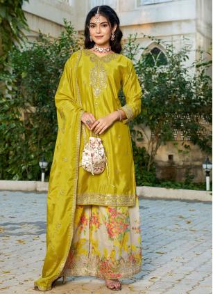 
                      Embroidered Yellow Chinon Palazzo Salwar Kameez