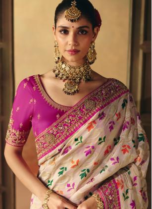 Engagement Cream and Pink Pure Georgette Saree