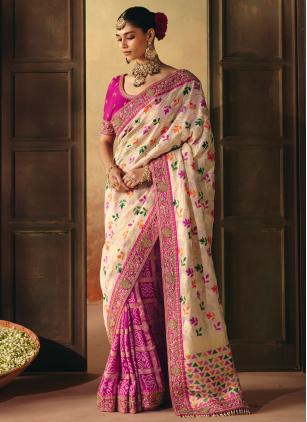 Engagement Cream and Pink Pure Georgette Saree