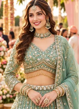 
                      Engagement Green Fancy Fabric Beads Readymade Lehenga Choli