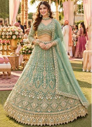 
                      Engagement Green Fancy Fabric Beads Readymade Lehenga Choli