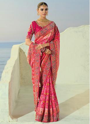 
                      Engagement Pink Beads Moti Work Trendy Saree For Bride