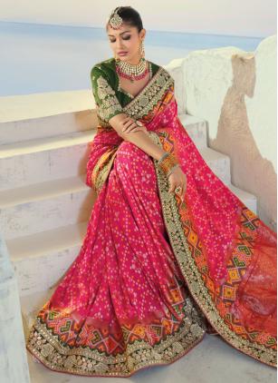 
                      Engagement Pink Patola Silk Contemporary Saree For Bride