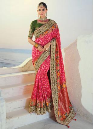 
                      Engagement Pink Patola Silk Contemporary Saree For Bride