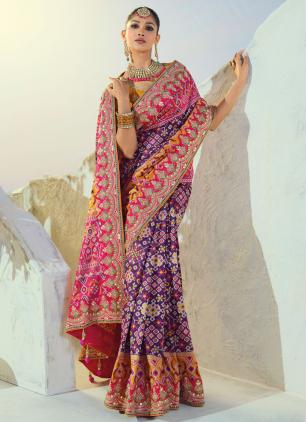 
                      Engagement Purple Patola Silk Mirror Cut Dana Work Saree For Bride