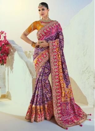 
                      Engagement Purple Patola Silk Mirror Cut Dana Work Saree For Bride