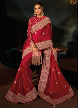 
                      Bridal Red Embroidered Cut Dana Wedding Saree