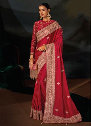 
                      Bridal Red Embroidered Cut Dana Wedding Saree