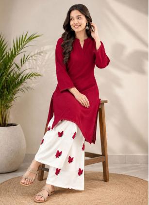 
                      Maroon Embroidered Cotton Casual Kurti Palazzo
