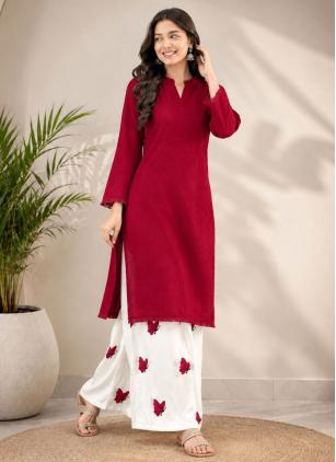 
                      Maroon Embroidered Cotton Casual Kurti Palazzo