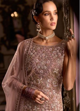 
                      Mauve Embroidered Cut Dana Work Net Readymade Salwar Kameez