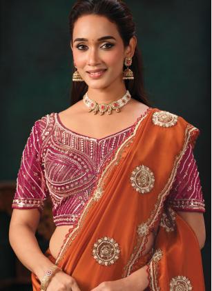 
                      Faux Crepe and Satin Ceremonial Orange Beads Classic Saree