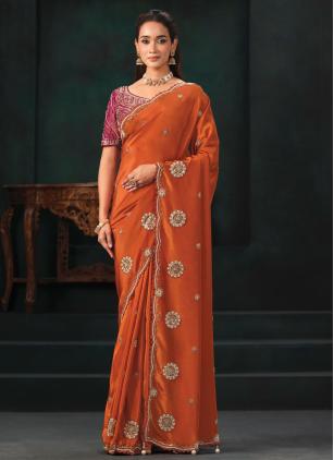 
                      Faux Crepe and Satin Ceremonial Orange Beads Classic Saree