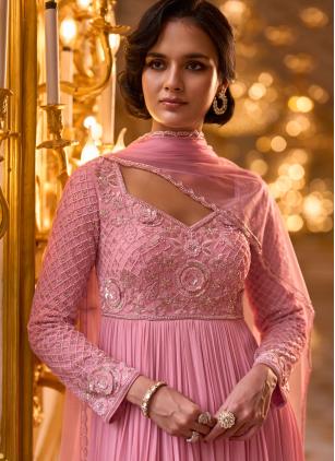 
                      Pink Georgette Embroidered Beads Work Designer Gown