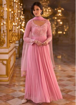 
                      Pink Georgette Embroidered Beads Work Designer Gown