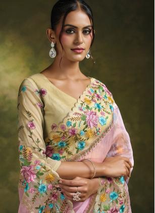 
                      Ceremonial Pink Organza Tissue Silk Saree
