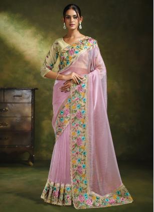 
                      Ceremonial Pink Organza Tissue Silk Saree
