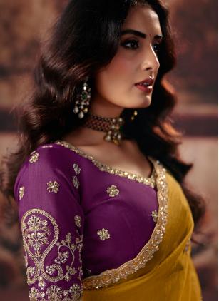 
                      Ceremonial Yellow Bemberg Beads Contemporary Saree