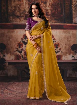 
                      Ceremonial Yellow Bemberg Beads Contemporary Saree