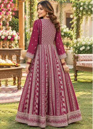 
                      Chinon Embroidered Maroon Designer Long Jacket Style Lehenga Choli