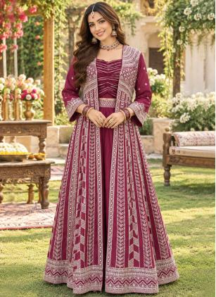 
                      Chinon Embroidered Maroon Designer Long Jacket Style Lehenga Choli