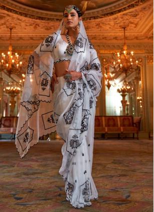 
                      Embroidered Chiffon White Festival Traditional Saree