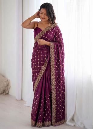 
                      Wine Fandy Silk Beads Embroidered Classic Saree