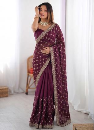 
                      Wine Fandy Silk Beads Embroidered Classic Saree