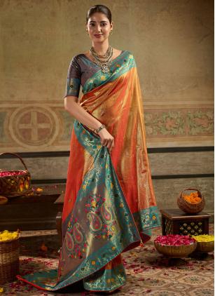 
                      Meenakari Woven Work Silk Orange Contemporary Saree