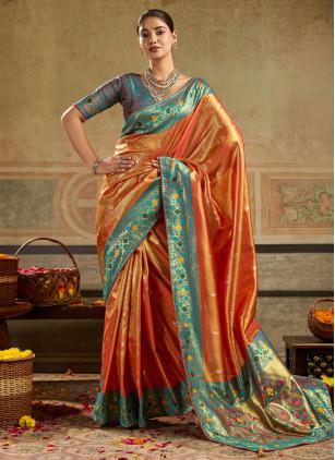 
                      Meenakari Woven Work Silk Orange Contemporary Saree