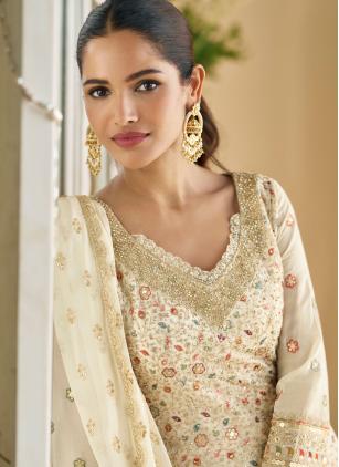
                      Off White Georgette Stone Embroidered Designer Salwar Suit